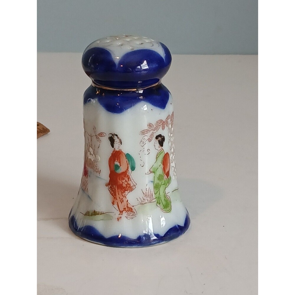 Vtg Flow Blue Gold Trim Asian Hand Psinted  Porcelain Hatpin Holder